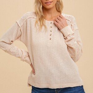 HEM & THREAD Henley Long Sleeve Ribbed Top, Neutral Beige Waffle Knit Pullover